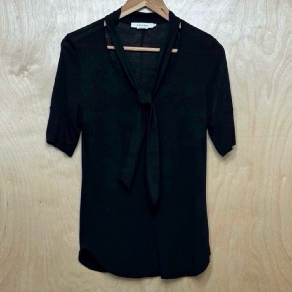 FRAME tie neck short sleeve lightweight soft casual v neck black top jersey